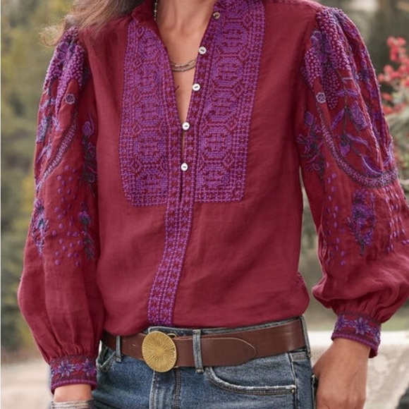 Sundance Ramie Embroidered Blouse Burgundy Purple Equestrian Western Cowgirl XS - Picture 10 of 12